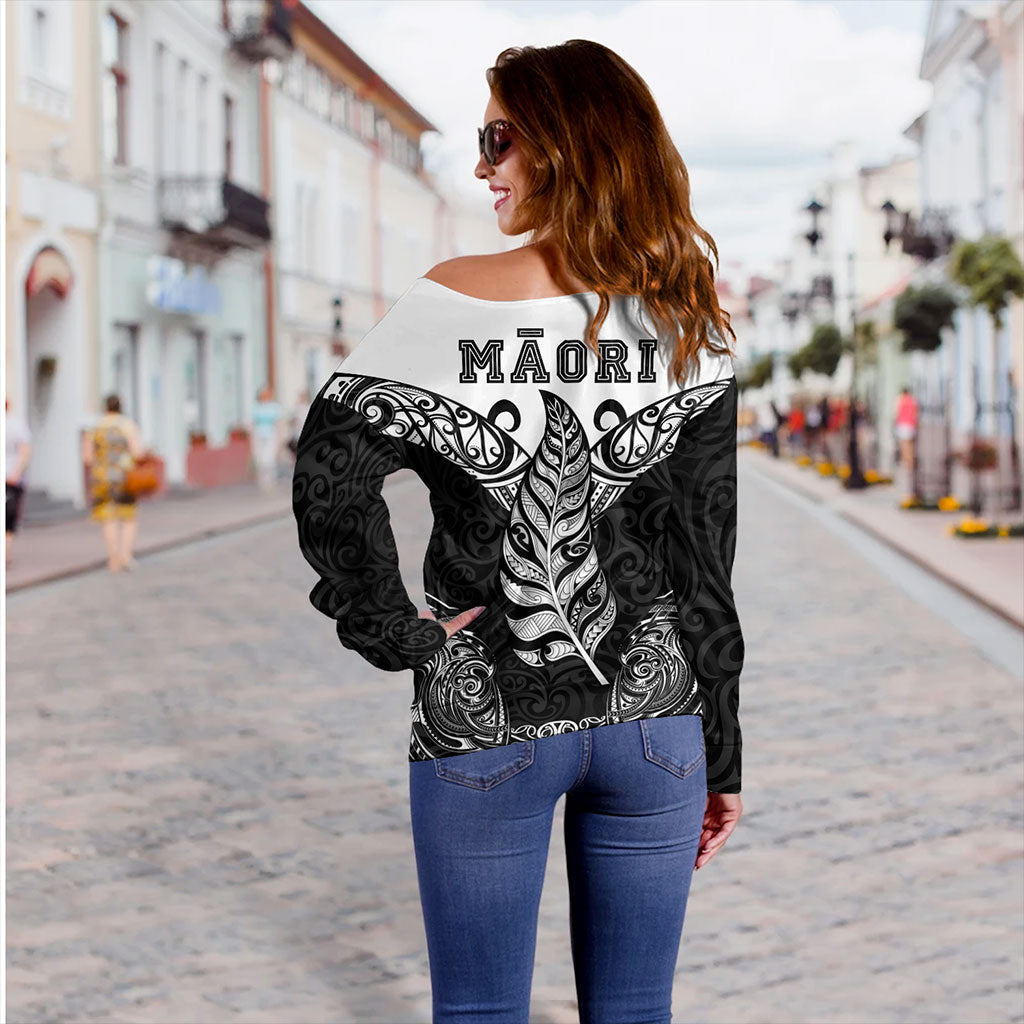 New Zealand Off Shoulder Sweatshirt Maori Silver Fern Tattoo Tribal