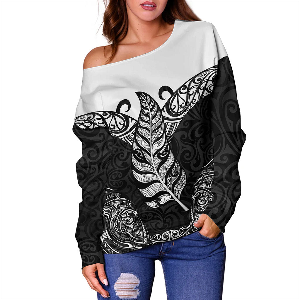 New Zealand Off Shoulder Sweatshirt Maori Silver Fern Tattoo Tribal