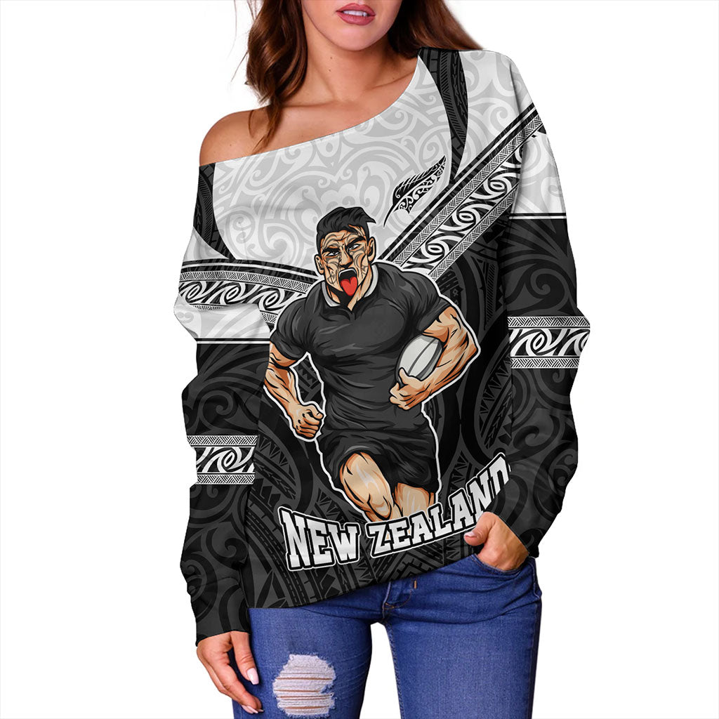 New Zealand Off Shoulder Sweatshirt Rugby Maori Tribal Sport Style