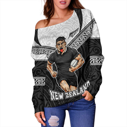New Zealand Off Shoulder Sweatshirt Rugby Maori Tribal Sport Style