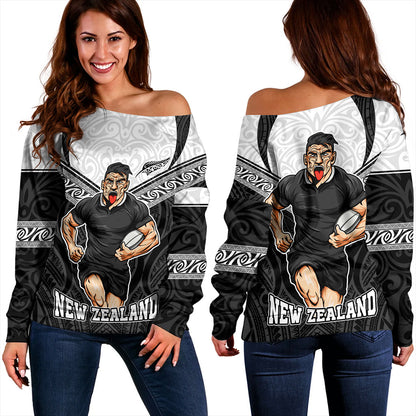 New Zealand Off Shoulder Sweatshirt Rugby Maori Tribal Sport Style
