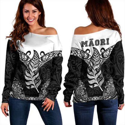 New Zealand Off Shoulder Sweatshirt Maori Silver Fern Tattoo Tribal
