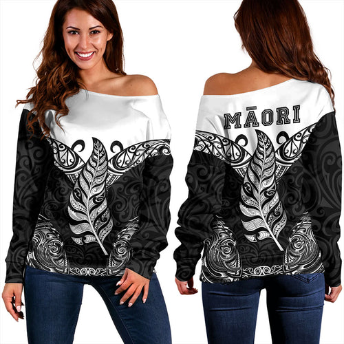 New Zealand Off Shoulder Sweatshirt Maori Silver Fern Tattoo Tribal
