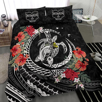 Polynesian Duvet Cover Set - Marquesas Islands Bedding Set Polynesia Map Turtle Hibiscus