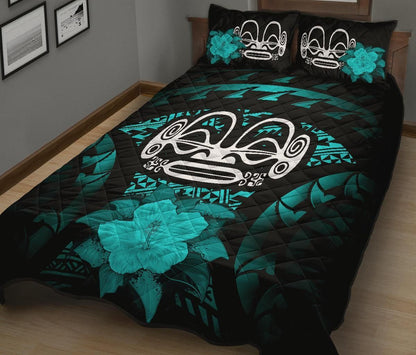 Marquesas Islands Polynesian Quilt Bed Set Hibiscus Turquoise