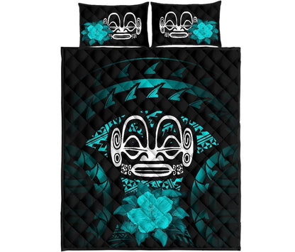 Marquesas Islands Polynesian Quilt Bed Set Hibiscus Turquoise
