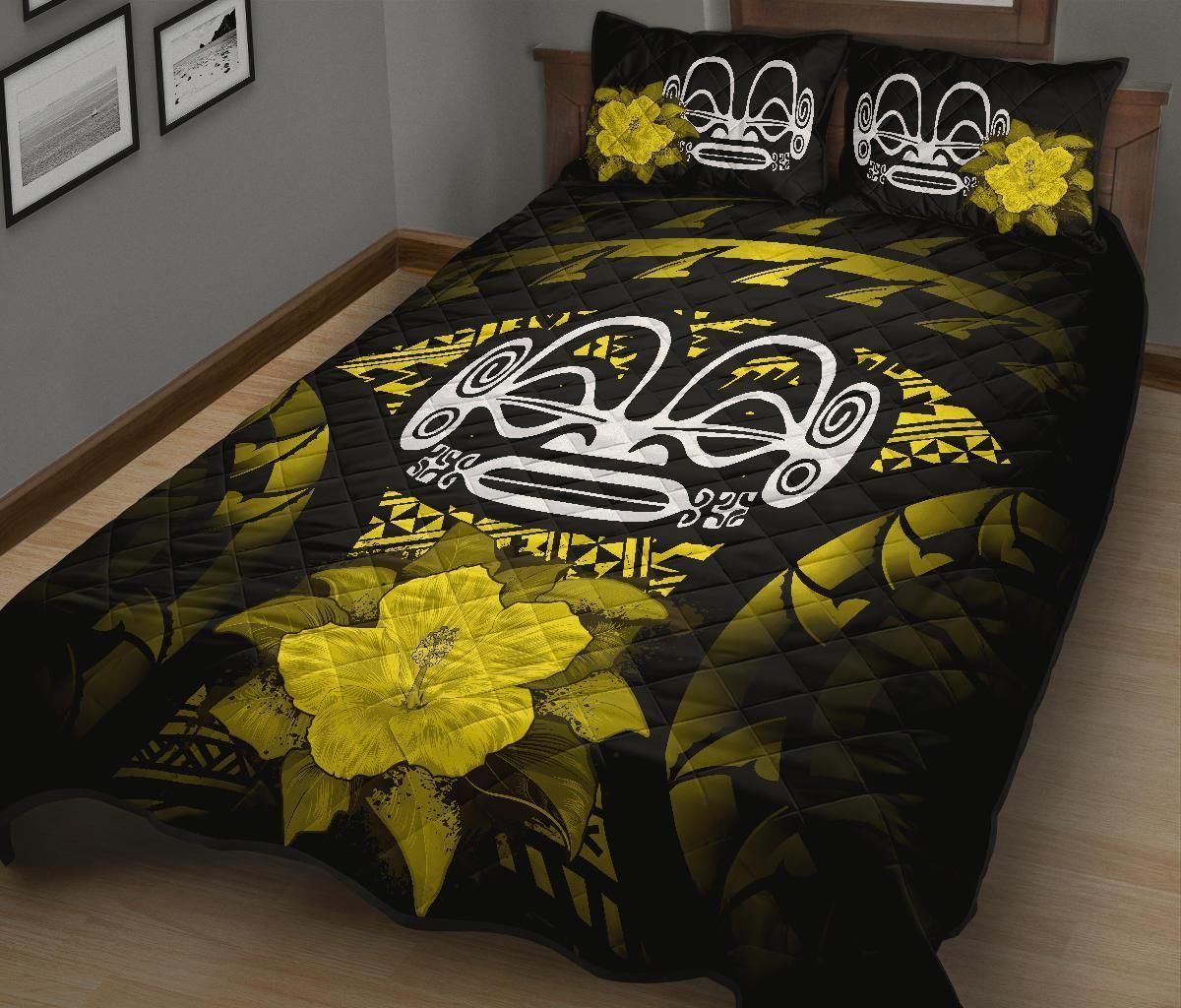 Marquesas Islands Polynesian Quilt Bed Set Hibiscus Yellow