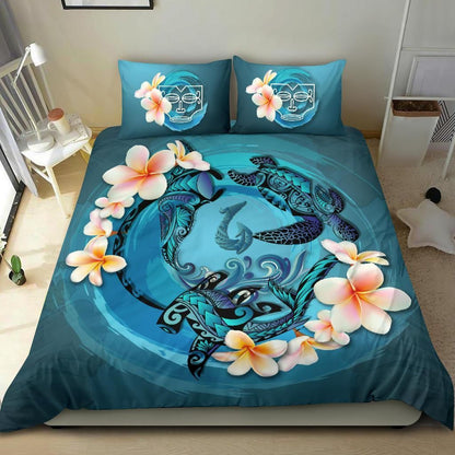 Polynesian Duvet Cover Set - Marquesas Islands Bedding Set Blue Plumeria Animal Tattoo