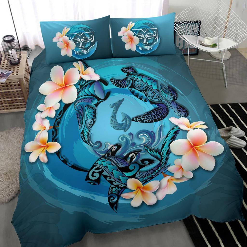 Polynesian Duvet Cover Set - Marquesas Islands Bedding Set Blue Plumeria Animal Tattoo