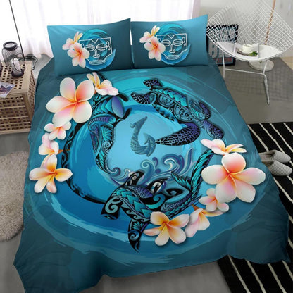 Polynesian Duvet Cover Set - Marquesas Islands Bedding Set Blue Plumeria Animal Tattoo