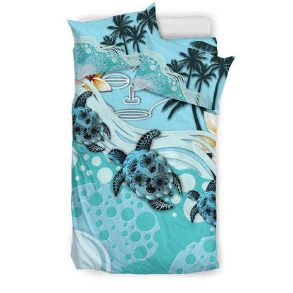 Polynesian Duvet Cover Set - Marquesas Islands Bedding Set Blue Turtle Hibiscus