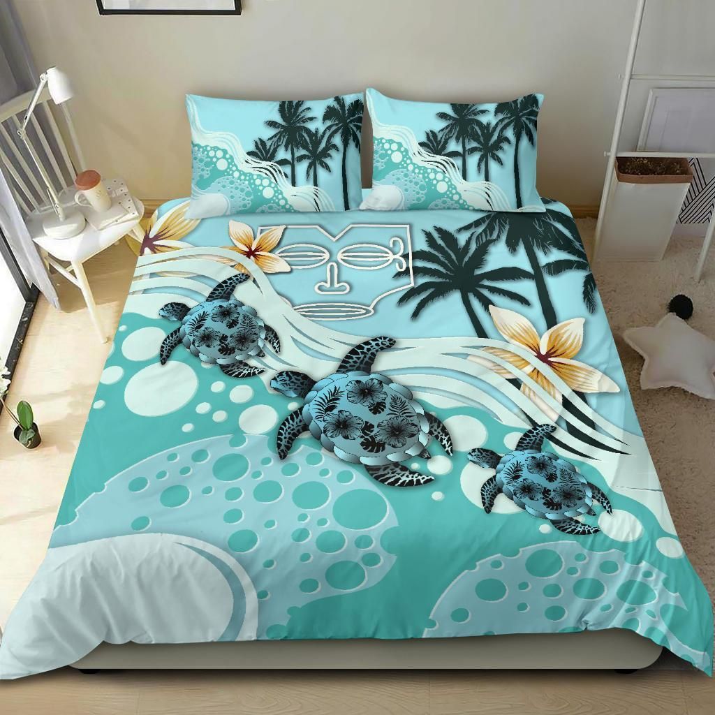 Polynesian Duvet Cover Set - Marquesas Islands Bedding Set Blue Turtle Hibiscus