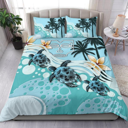 Polynesian Duvet Cover Set - Marquesas Islands Bedding Set Blue Turtle Hibiscus