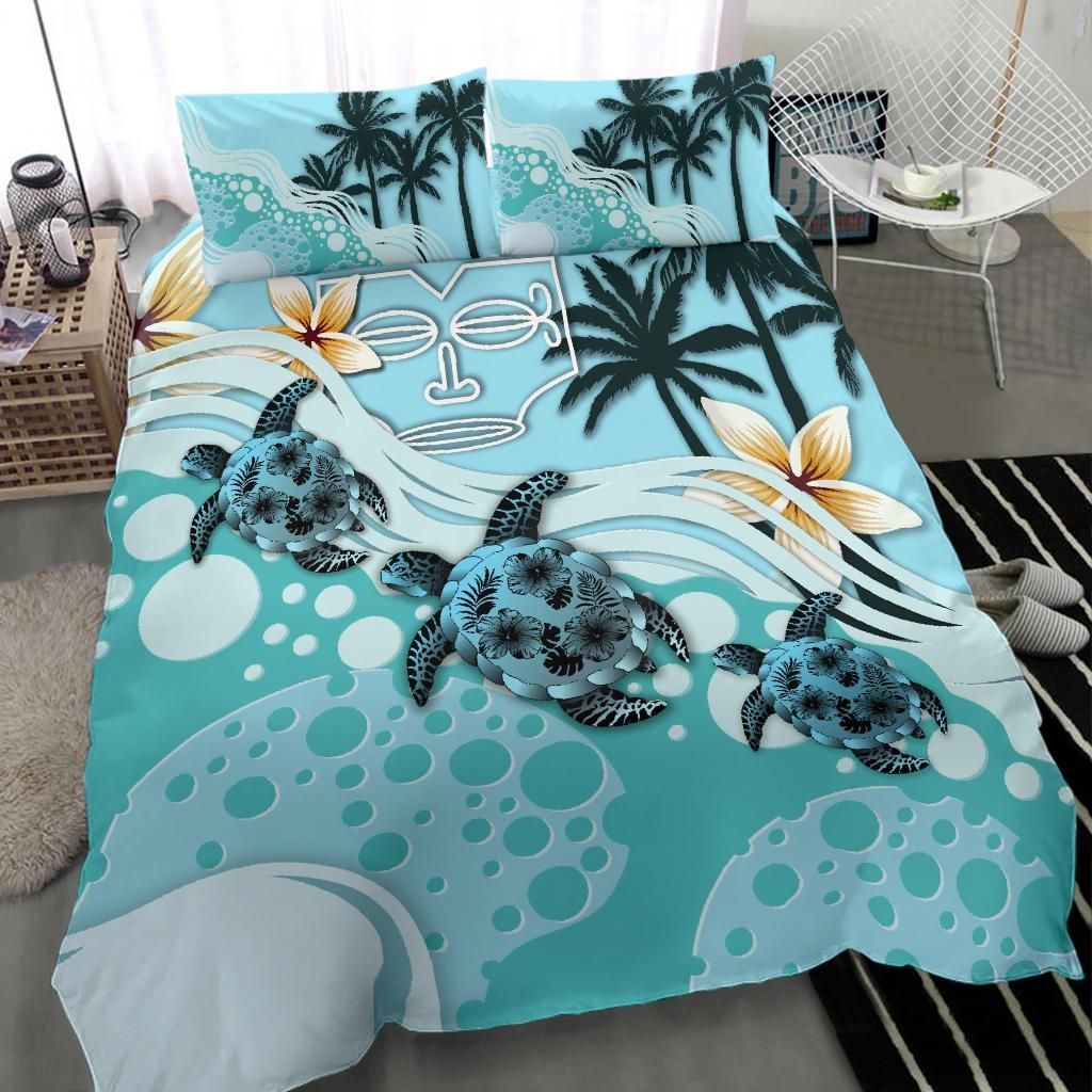 Polynesian Duvet Cover Set - Marquesas Islands Bedding Set Blue Turtle Hibiscus