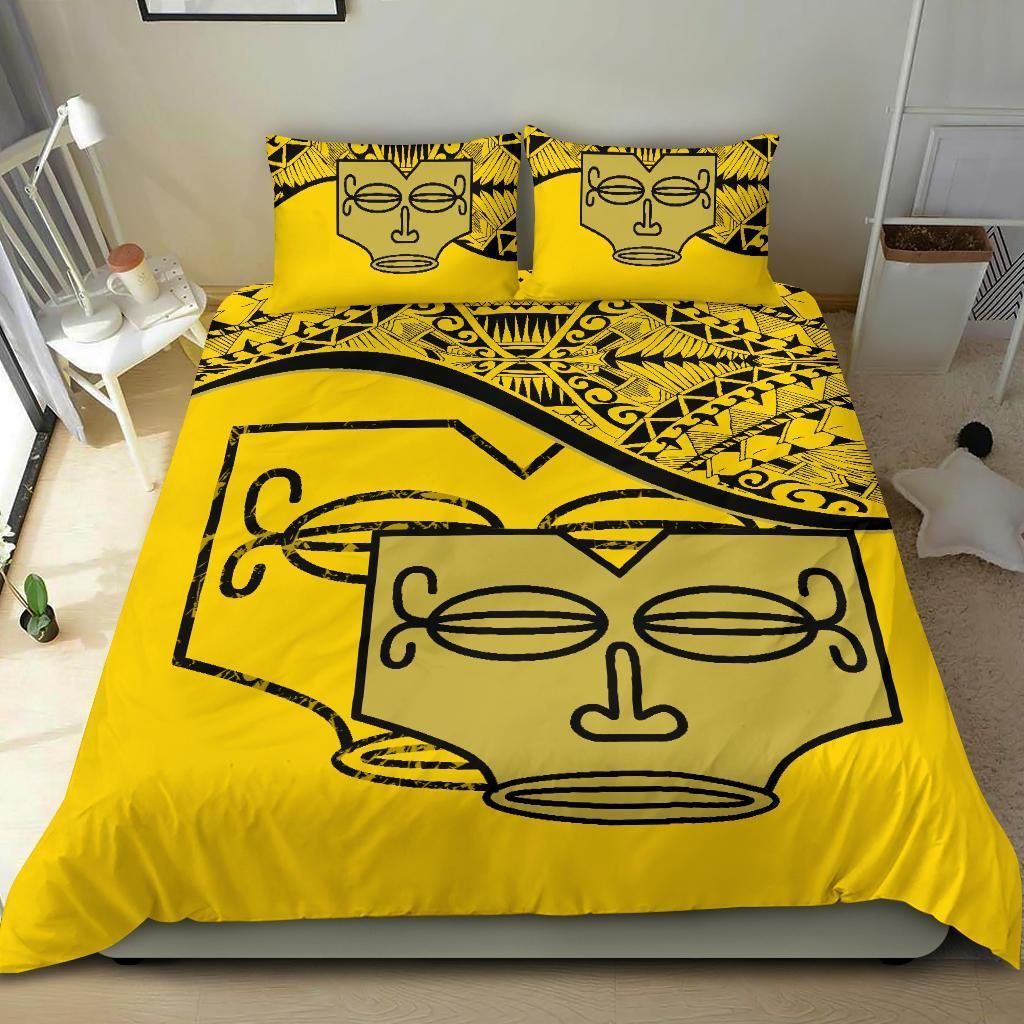 Marquesas Islands Duvet Cover Set - Tiki Face Pattern Yellow