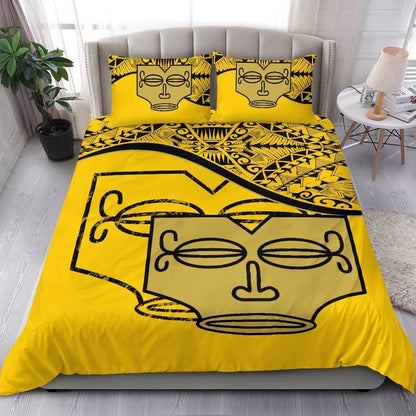 Marquesas Islands Duvet Cover Set - Tiki Face Pattern Yellow
