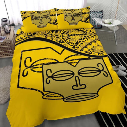 Marquesas Islands Duvet Cover Set - Tiki Face Pattern Yellow