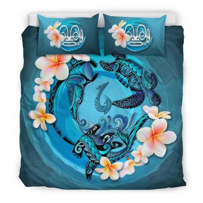 Polynesian Duvet Cover Set - Marquesas Islands Bedding Set Blue Plumeria Animal Tattoo