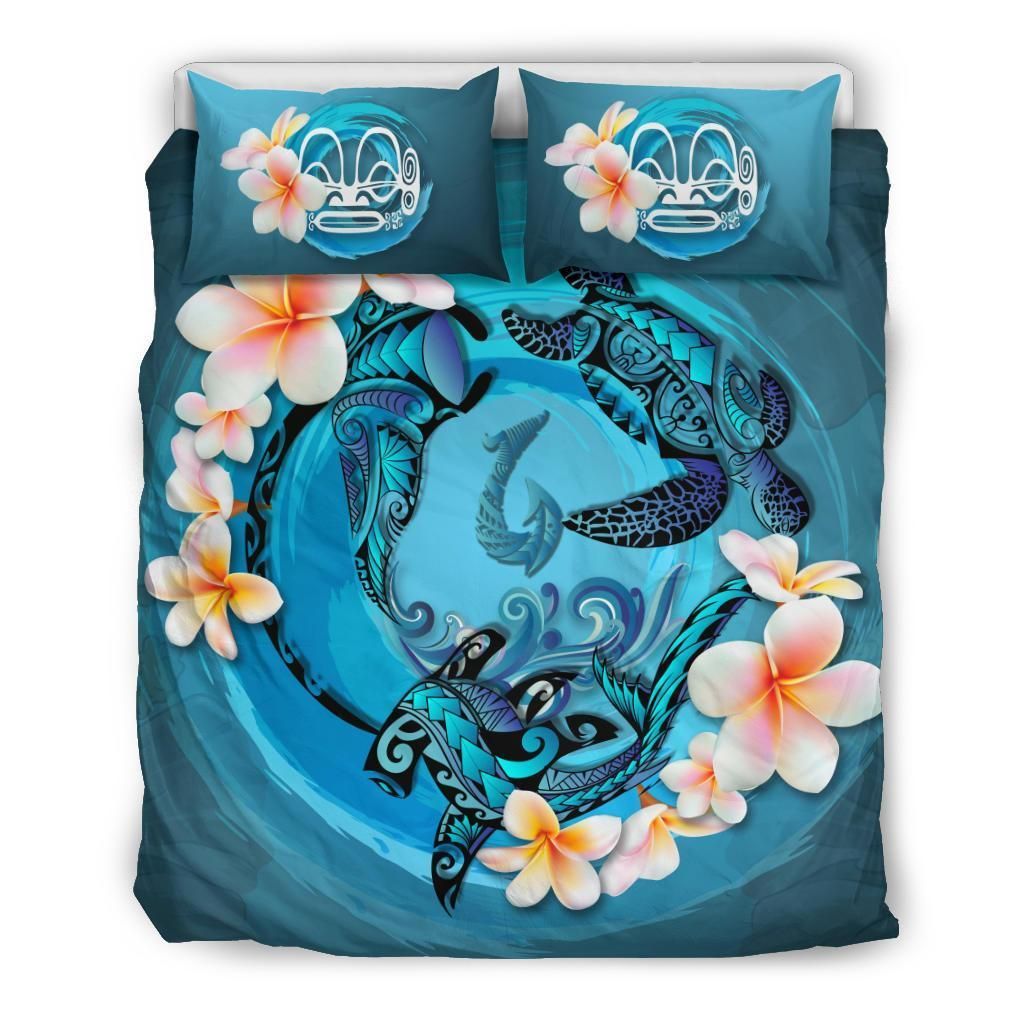 Polynesian Duvet Cover Set - Marquesas Islands Bedding Set Blue Plumeria Animal Tattoo
