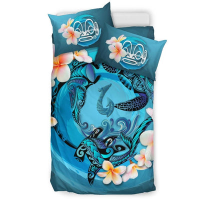Polynesian Duvet Cover Set - Marquesas Islands Bedding Set Blue Plumeria Animal Tattoo