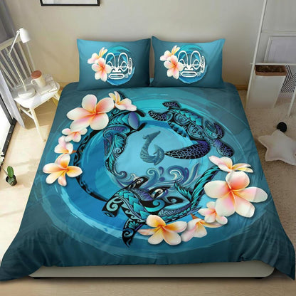 Polynesian Duvet Cover Set - Marquesas Islands Bedding Set Blue Plumeria Animal Tattoo