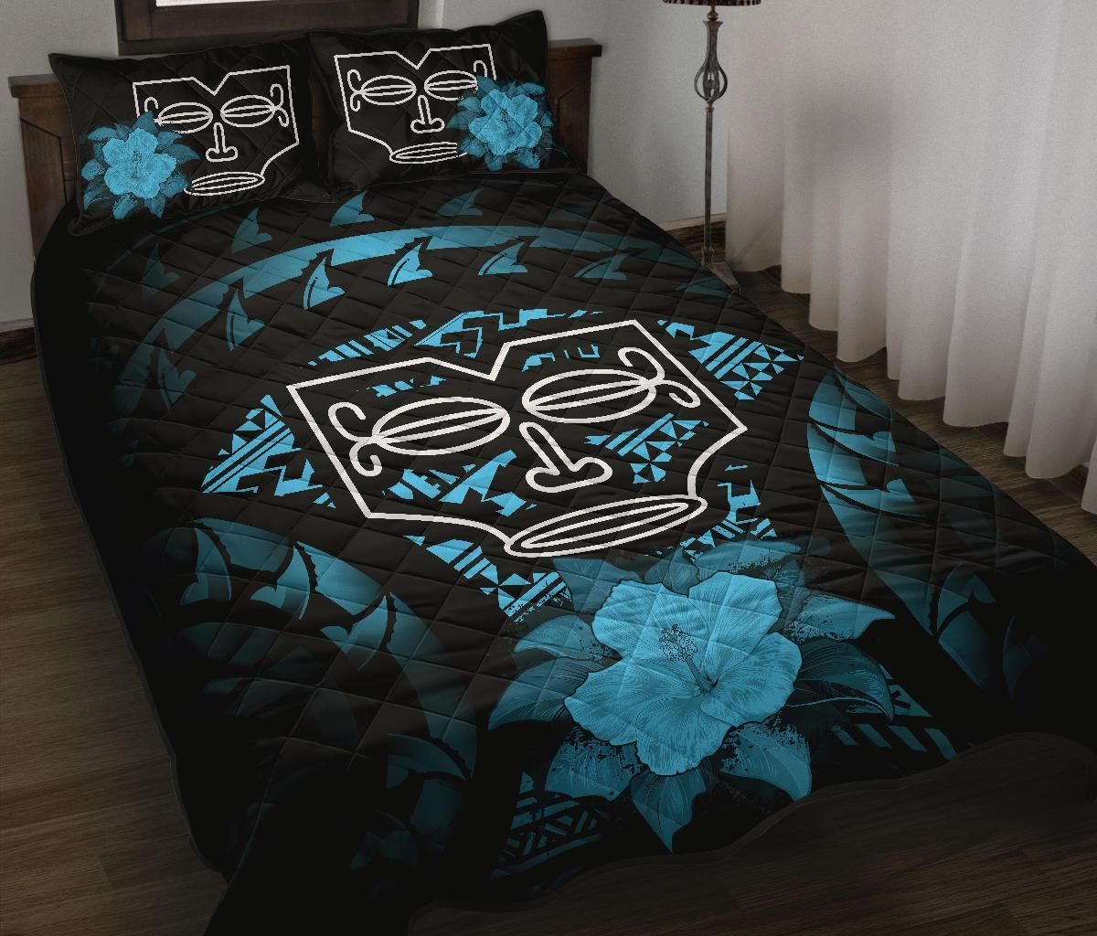Marquesas Islands Polynesian Quilt Bed Set Hibiscus Blue