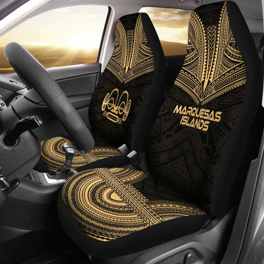 Marquesas Islands Car Seat Cover - Marquesas Islands Tiki Face Polynesian Chief Tattoo Gold Version