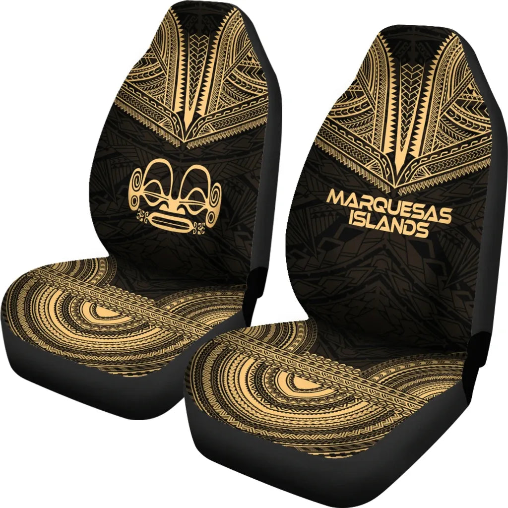 Marquesas Islands Car Seat Cover - Marquesas Islands Tiki Face Polynesian Chief Tattoo Gold Version