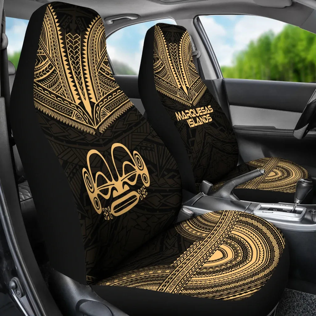 Marquesas Islands Car Seat Cover - Marquesas Islands Tiki Face Polynesian Chief Tattoo Gold Version