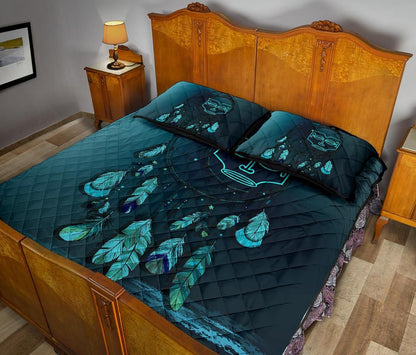 Marquesas Islands Polynesian Quilt Bed Set Dreamcatcher Blue