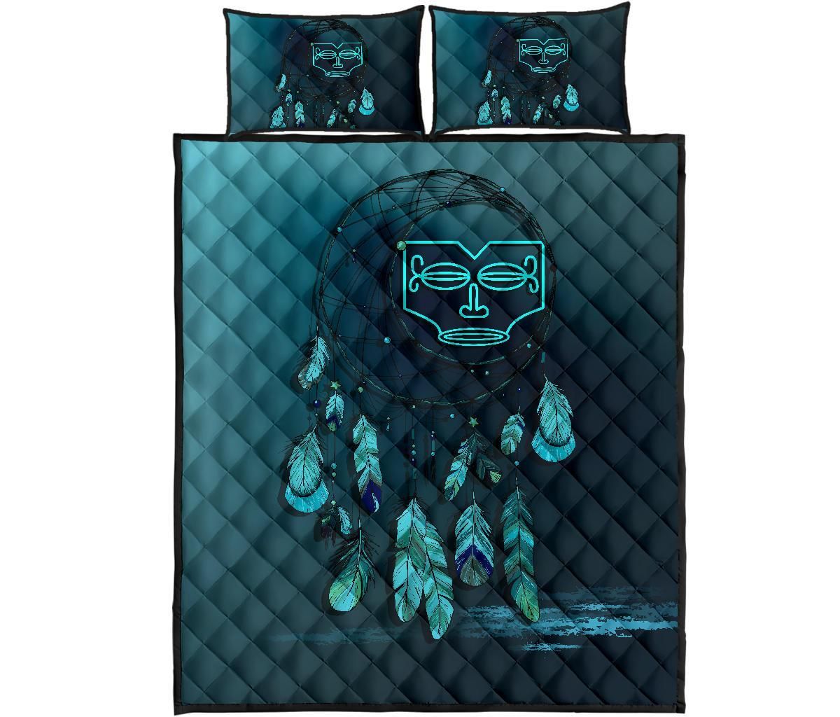 Marquesas Islands Polynesian Quilt Bed Set Dreamcatcher Blue
