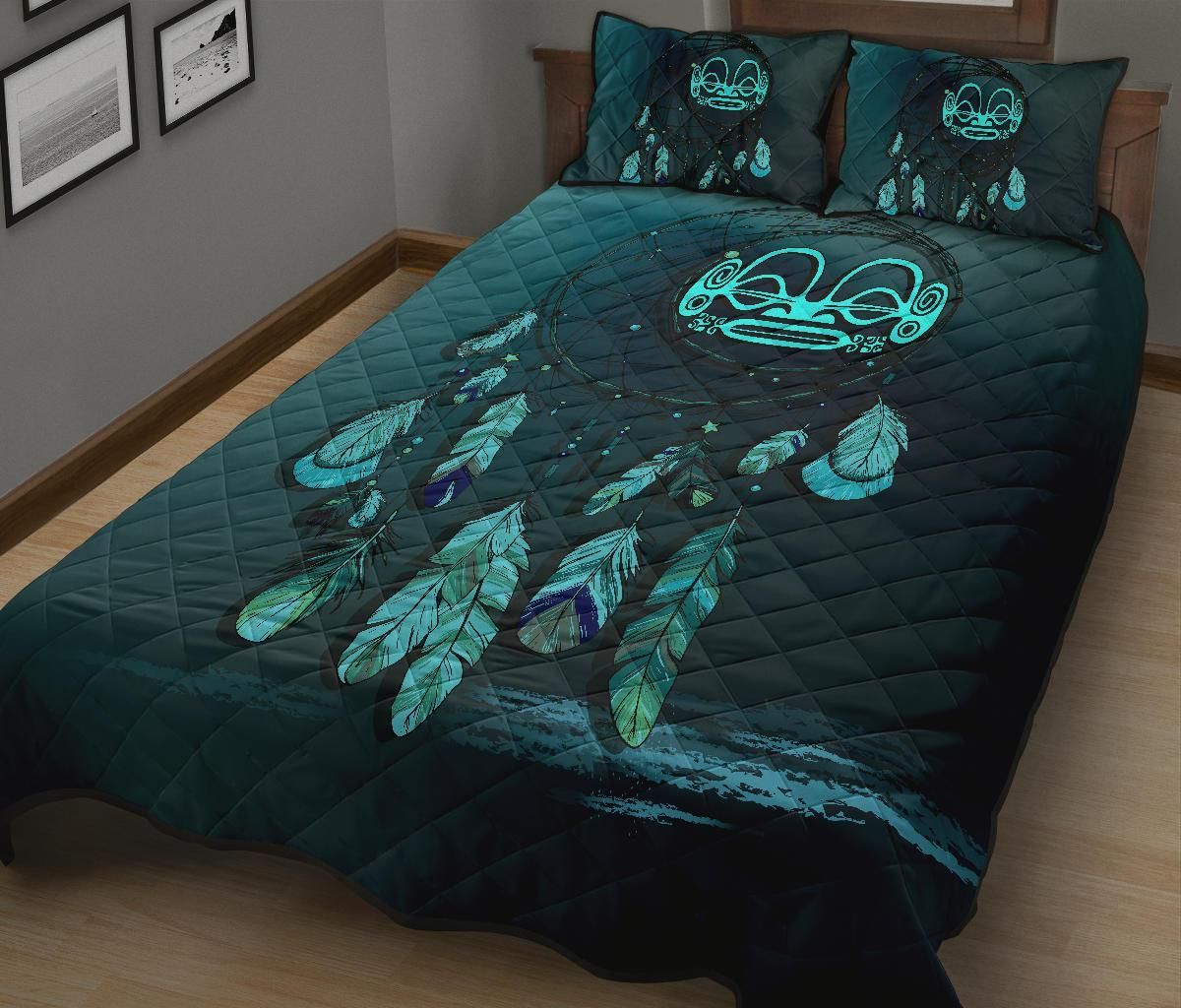 Marquesas Islands Polynesian Quilt Bed Set Dreamcatcher Blue