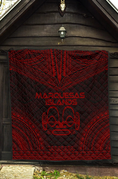 Marquesas Islands Premium Quilt - Marquesas Islands Tiki Face Polynesian Chief Dark Red Version