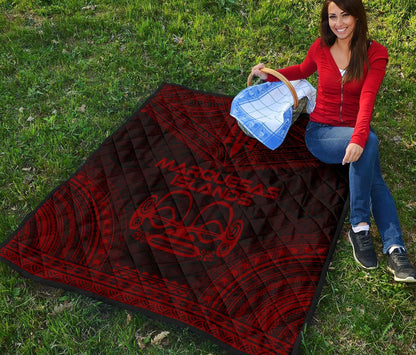 Marquesas Islands Premium Quilt - Marquesas Islands Tiki Face Polynesian Chief Dark Red Version