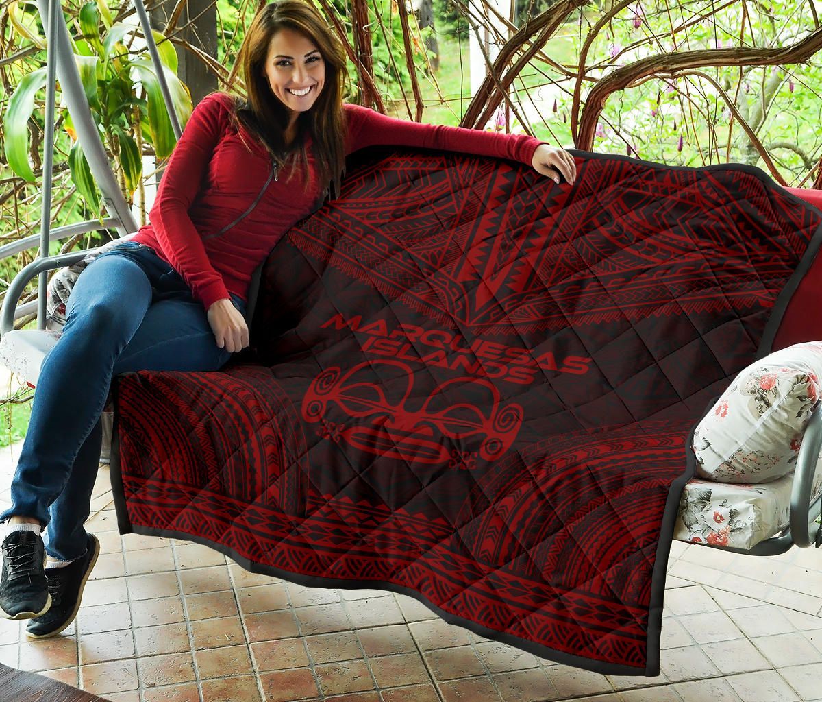 Marquesas Islands Premium Quilt - Marquesas Islands Tiki Face Polynesian Chief Dark Red Version