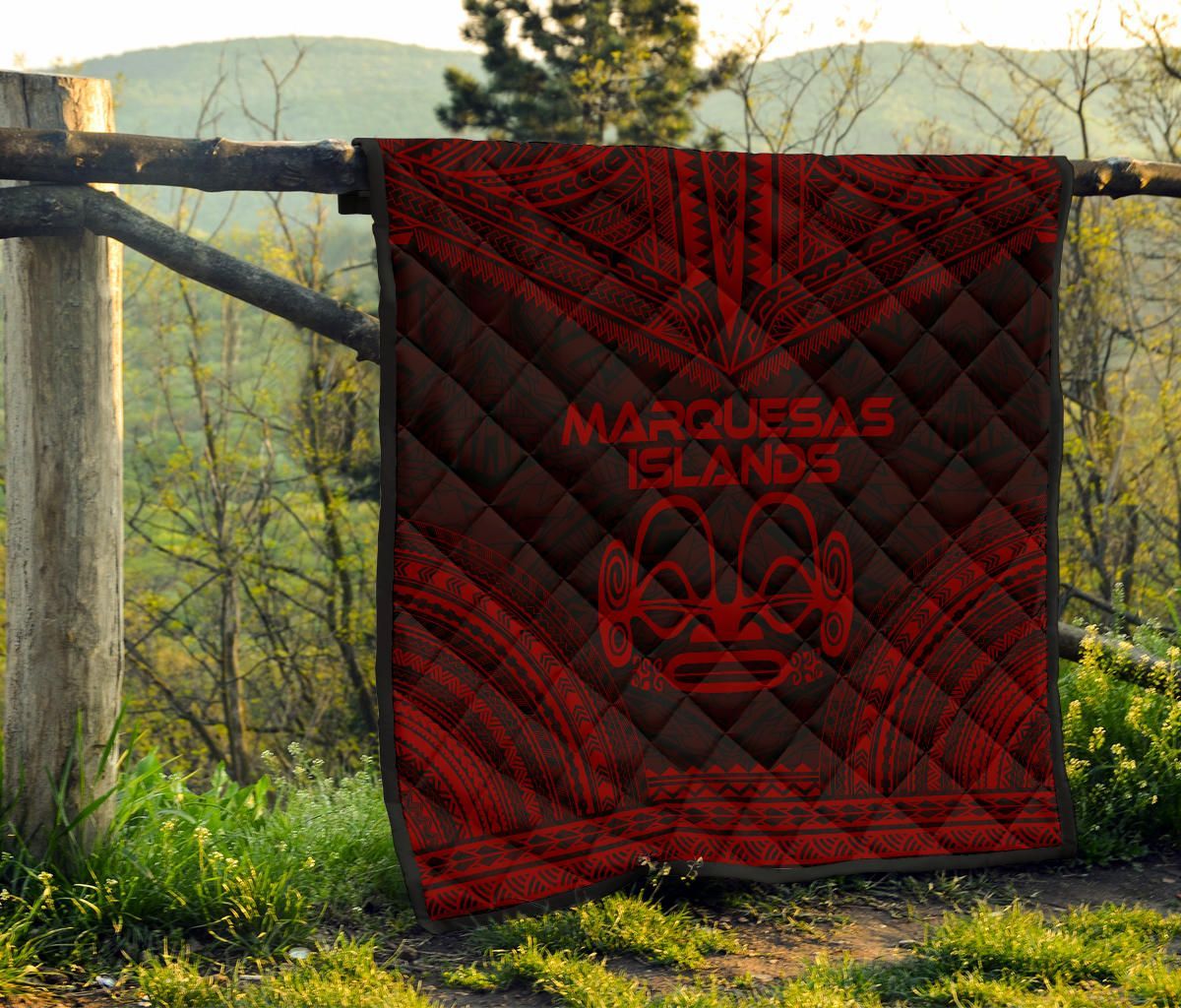 Marquesas Islands Premium Quilt - Marquesas Islands Tiki Face Polynesian Chief Dark Red Version