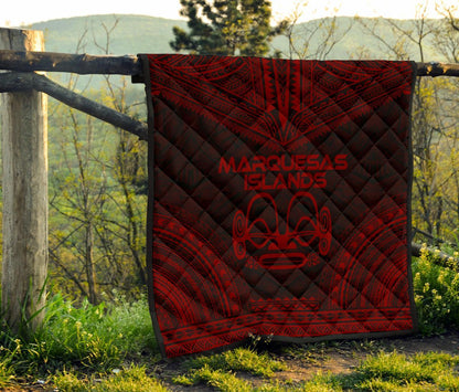 Marquesas Islands Premium Quilt - Marquesas Islands Tiki Face Polynesian Chief Dark Red Version