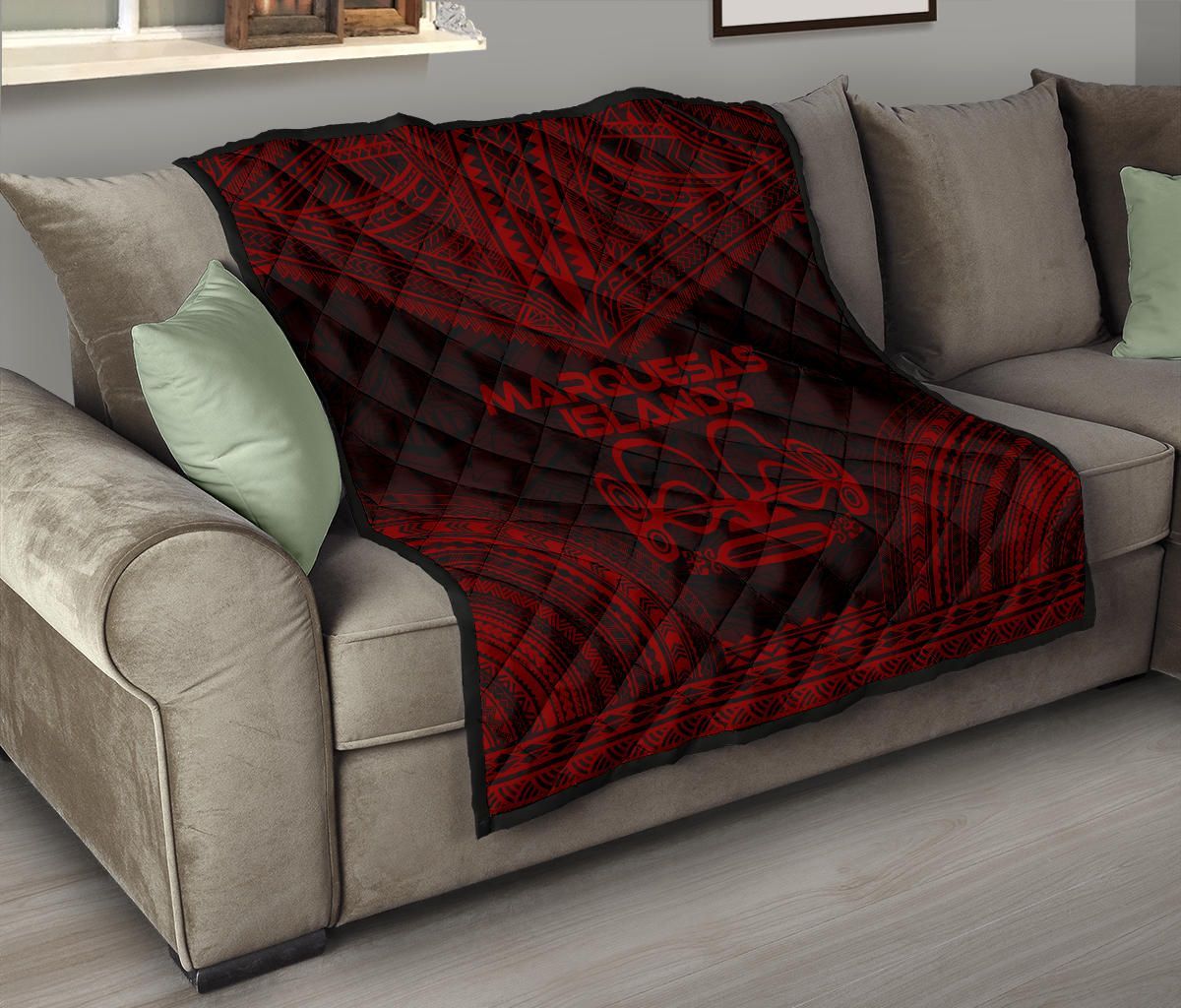 Marquesas Islands Premium Quilt - Marquesas Islands Tiki Face Polynesian Chief Dark Red Version