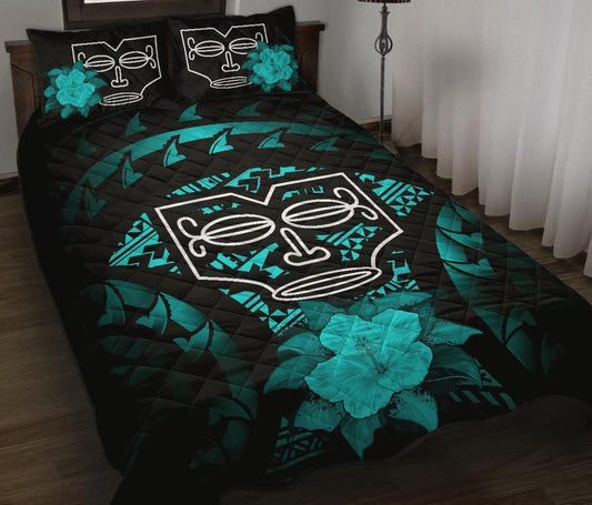 Marquesas Islands Polynesian Quilt Bed Set Hibiscus Turquoise
