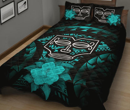 Marquesas Islands Polynesian Quilt Bed Set Hibiscus Turquoise