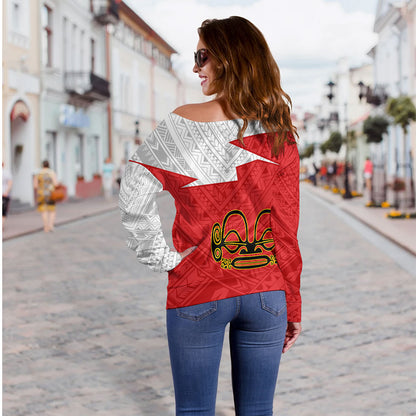Marquesas Islands Off Shoulder Sweatshirt Polynesian Tattoo Flag And Coat Of Arms