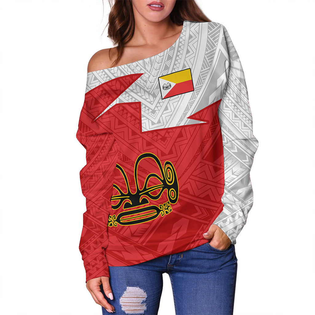 Marquesas Islands Off Shoulder Sweatshirt Polynesian Tattoo Flag And Coat Of Arms