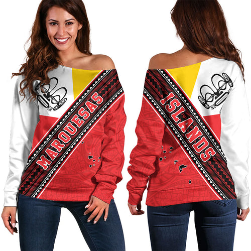 Marquesas Islands Off Shoulder Sweatshirt Flag And Coat Of Arms