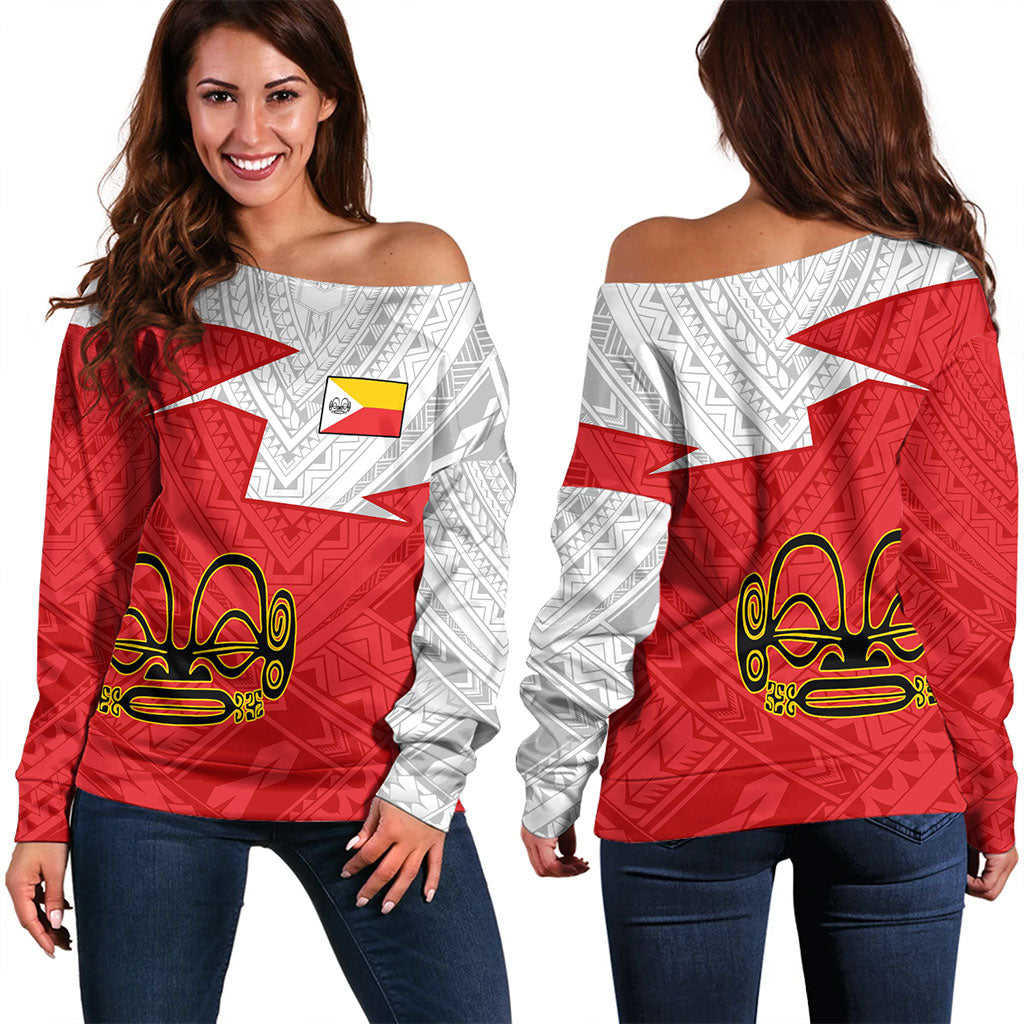 Marquesas Islands Off Shoulder Sweatshirt Polynesian Tattoo Flag And Coat Of Arms