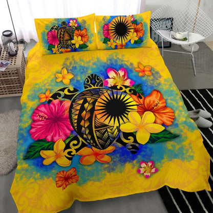Marshall Islands Polynesian Bedding Set - Turtle With Plumeria And Hibiscus