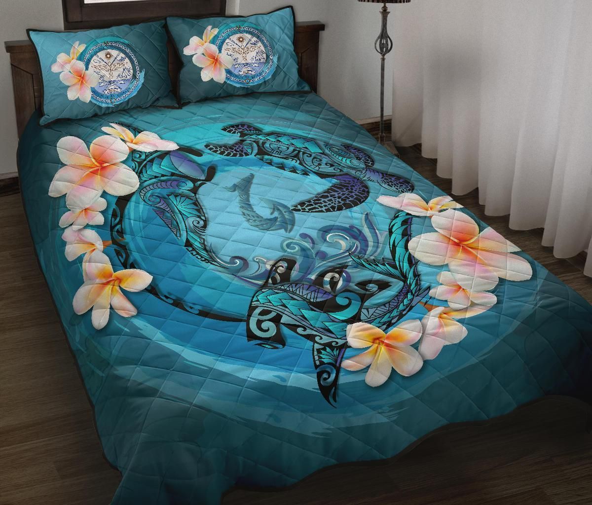 Marshall Islands Polynesian Quilt Bed Set - Blue Plumeria Animal Tattoo