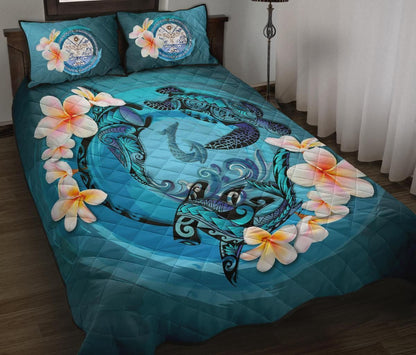 Marshall Islands Polynesian Quilt Bed Set - Blue Plumeria Animal Tattoo