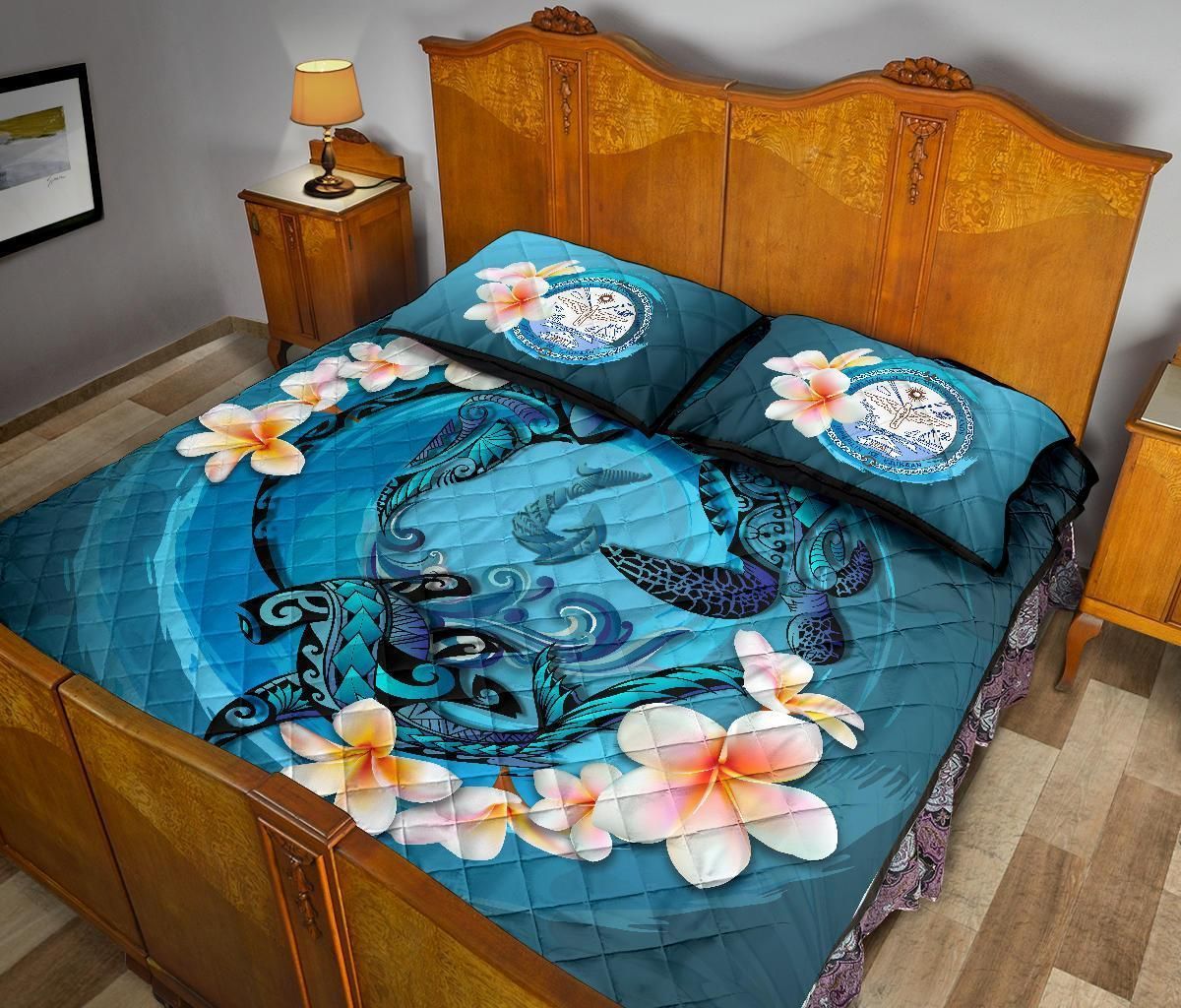 Marshall Islands Polynesian Quilt Bed Set - Blue Plumeria Animal Tattoo
