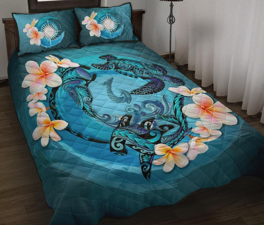 Marshall Islands Polynesian Quilt Bed Set - Blue Plumeria Animal Tattoo