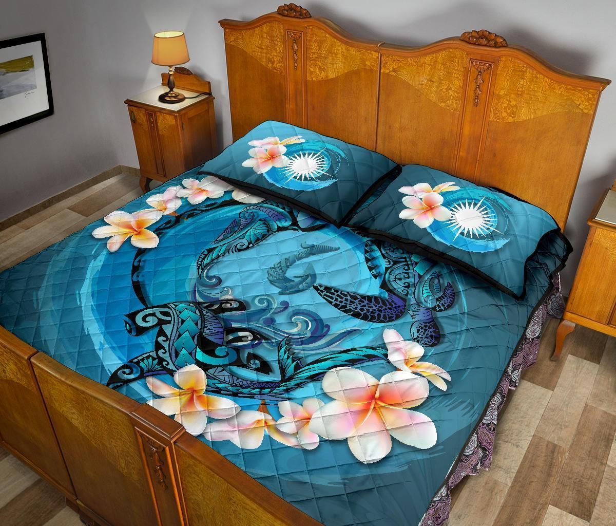 Marshall Islands Polynesian Quilt Bed Set - Blue Plumeria Animal Tattoo